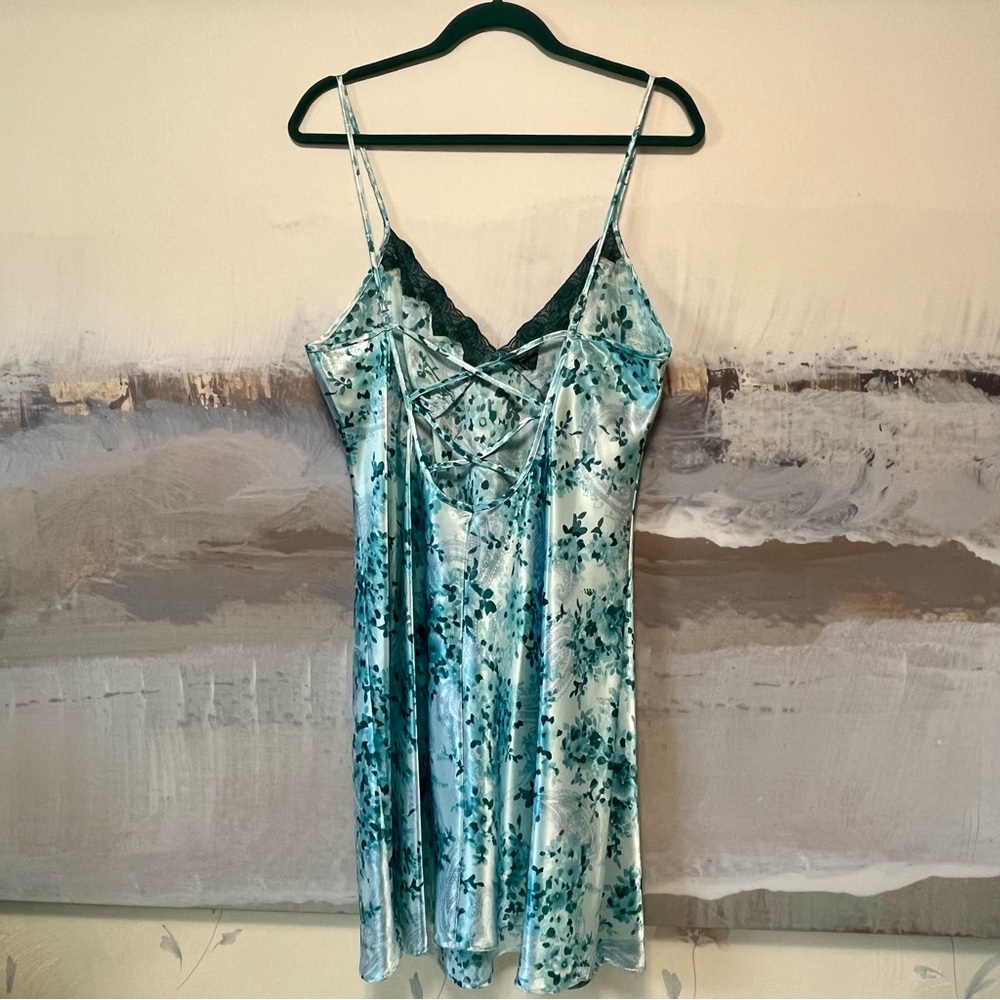 SECRET TREASURES Floral Slip Dress Lace Satin Chemise Antique Teal‎ Blue Size L - Picture 2 of 16